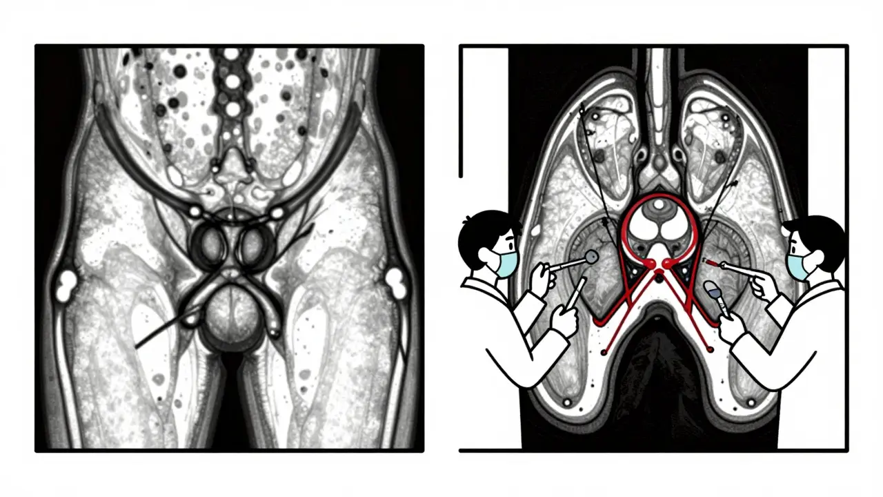 Side-by-side comparison of standard MRI and MRA scans highlighting labral tear visibility.