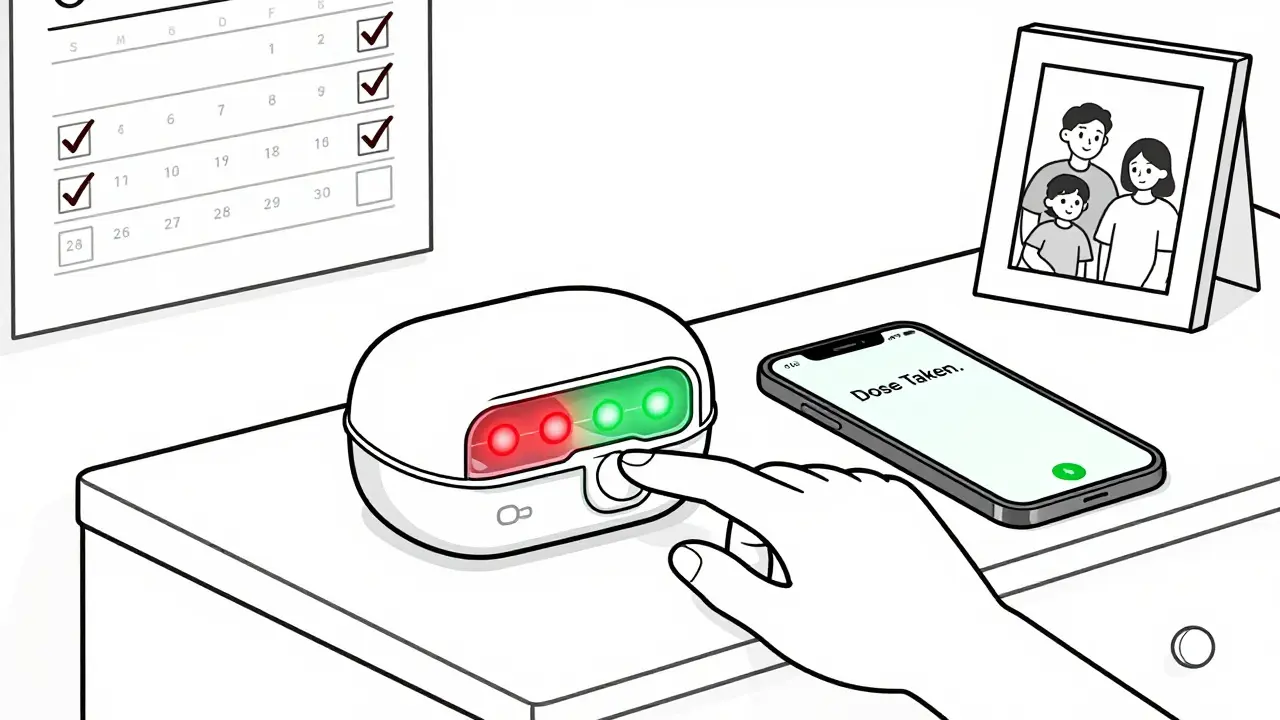 Smart pillbox with glowing LEDs next to a phone showing a dose confirmation notification.