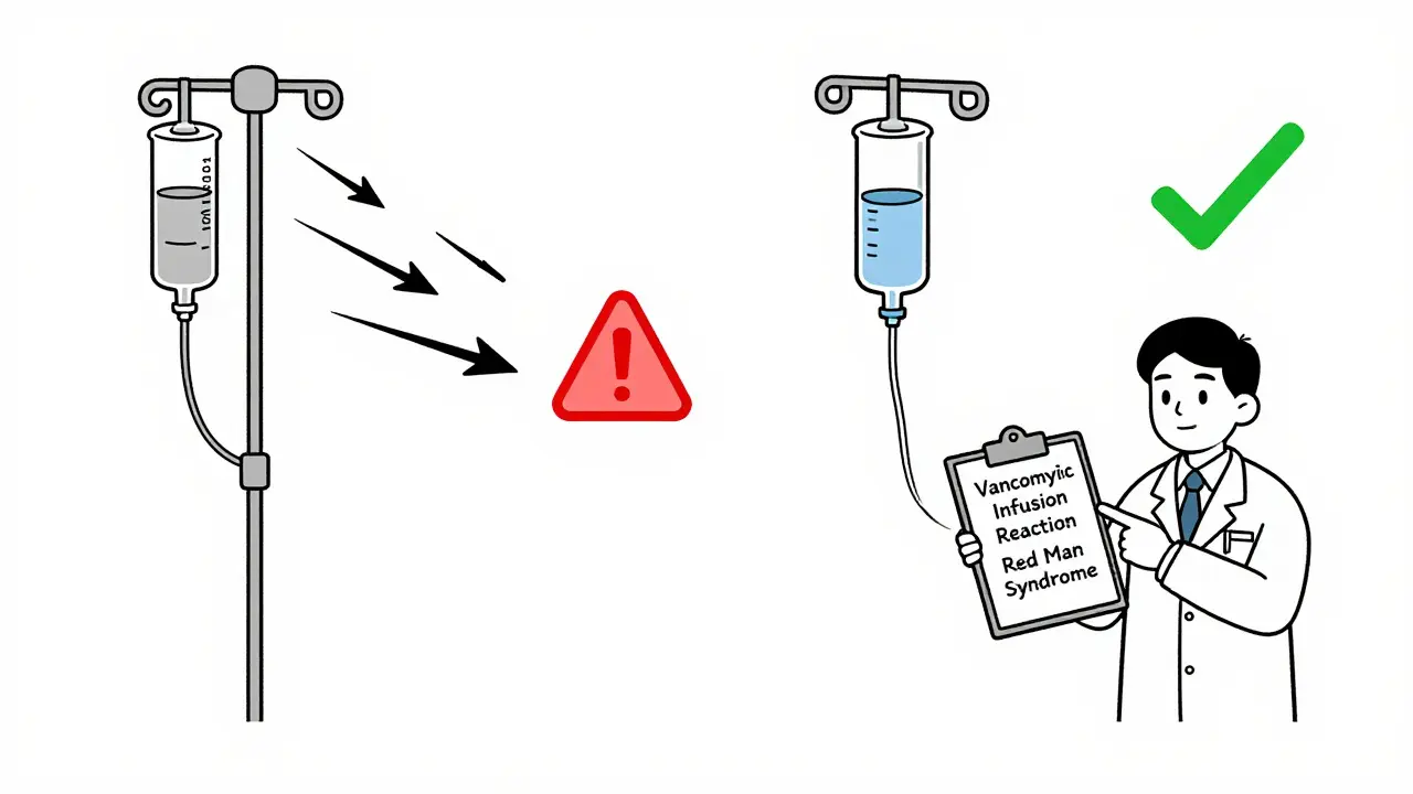 Split illustration comparing fast vs. slow vancomycin infusion with symbolic warning and safety signs.