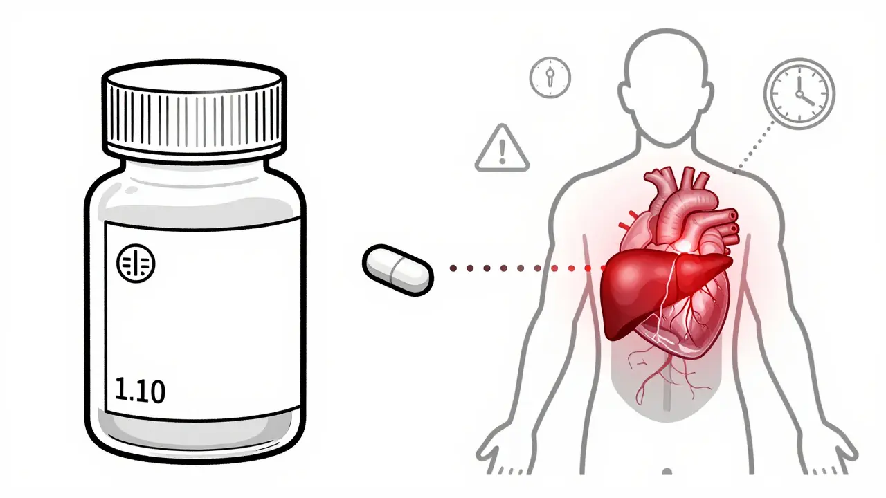 Split illustration showing a generic pill connected by lines to a human body with highlighted organ reactions.