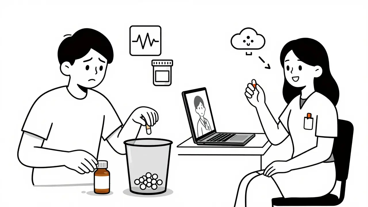 Split image: person discarding a pill vs. taking it during a video call with a nurse.