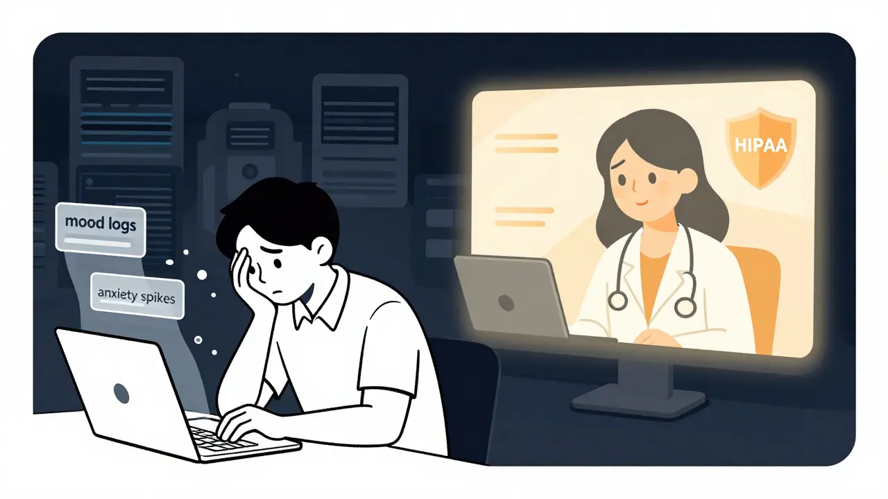 Split scene: data being sold to hidden servers vs. a person receiving teletherapy with a therapist.