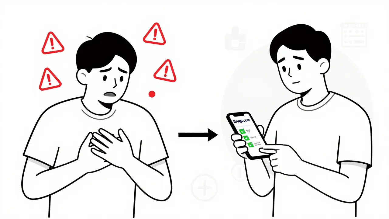 Split scene: person in distress vs. using app to prevent drug interactions with FDA symbols.