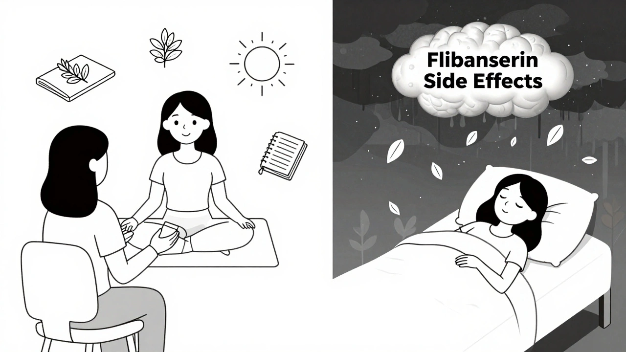 Split scene: woman in therapy with natural wellness symbols vs. same woman awake at night with stormy brain cloud.