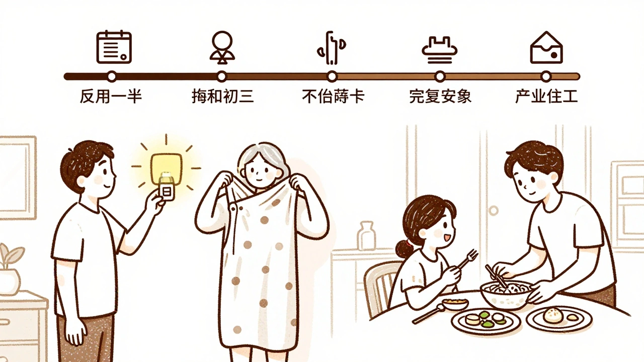 Stroke survivor adapting at home with family support, using voice tech and one-handed tasks, shown in minimalist line art.