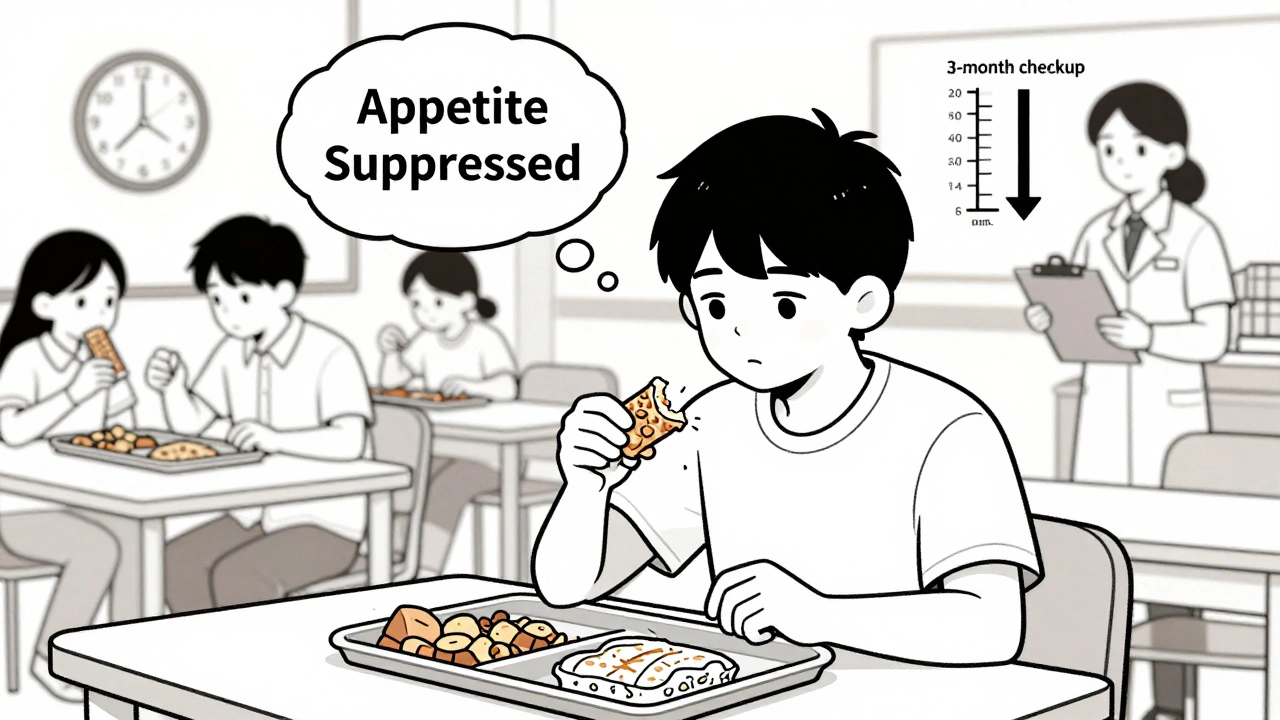 Teen at school ignoring lunch, with thought bubble showing suppressed appetite over the day.