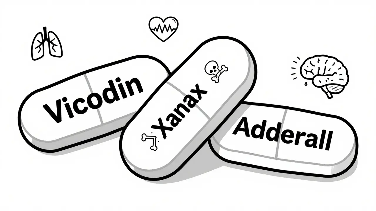 Three pills including a fake one with fentanyl warning symbols, drawn in detailed line art.