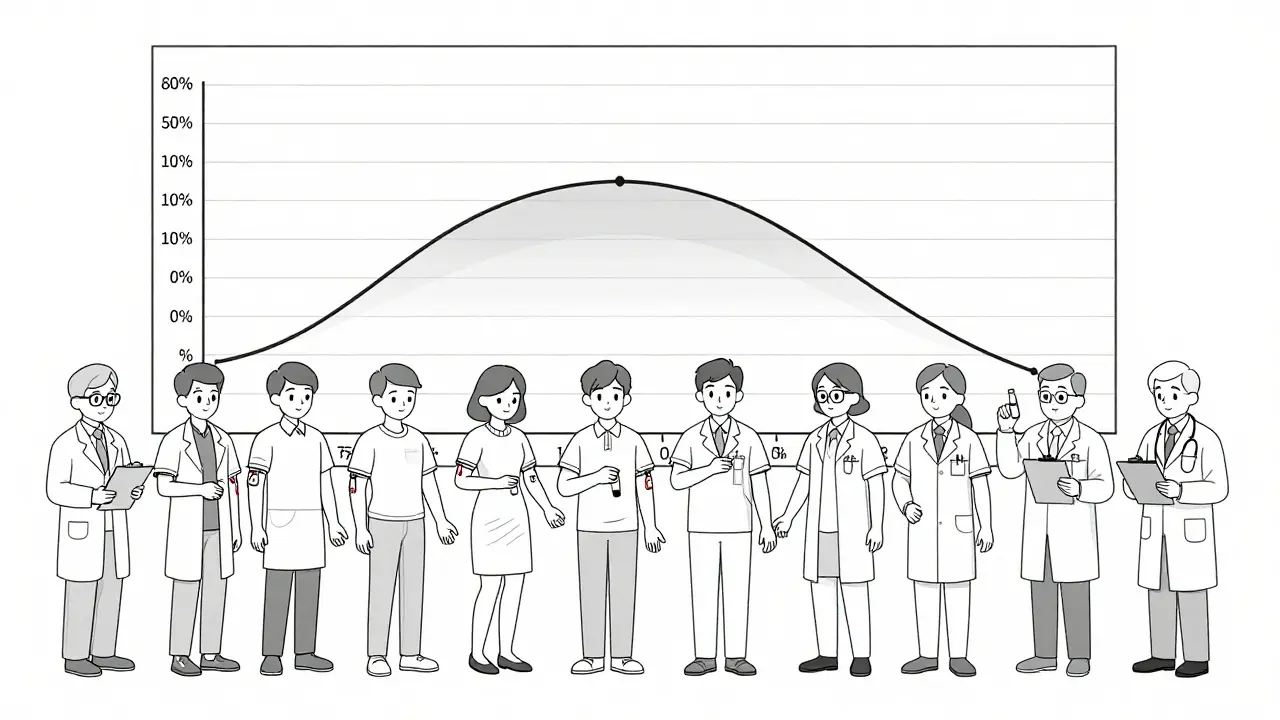 24 volunteers in a bioequivalence study, blood samples being drawn, with a confidence interval graph in the background.