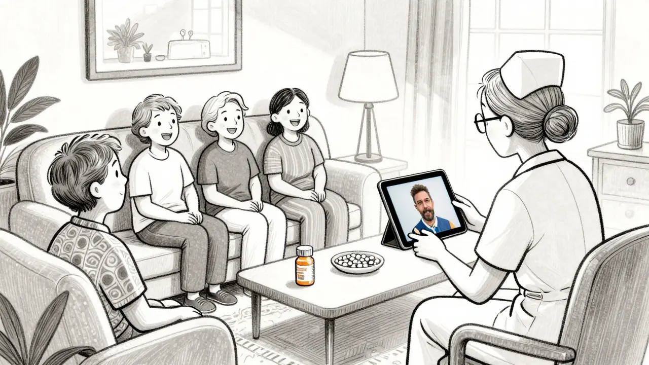 A group of patients sharing stories about generic meds in a living room with a tablet.