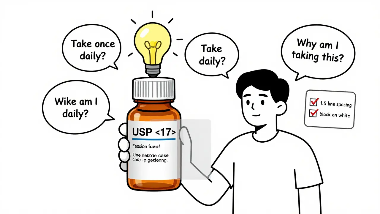 A patient confused by conflicting label instructions, with ideal USP <17> label overlayed in transparent lines.