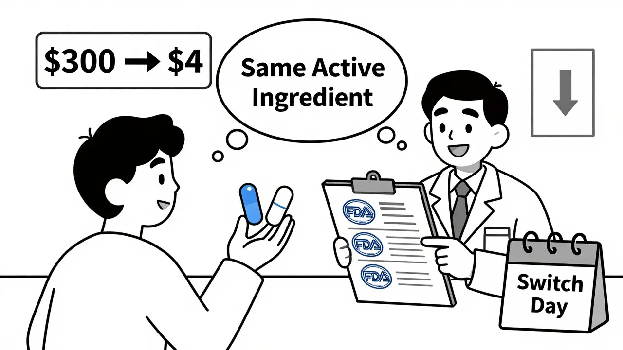 A patient holds two differently colored pills while a pharmacist explains they're the same medicine, with a price drop shown on a wall.
