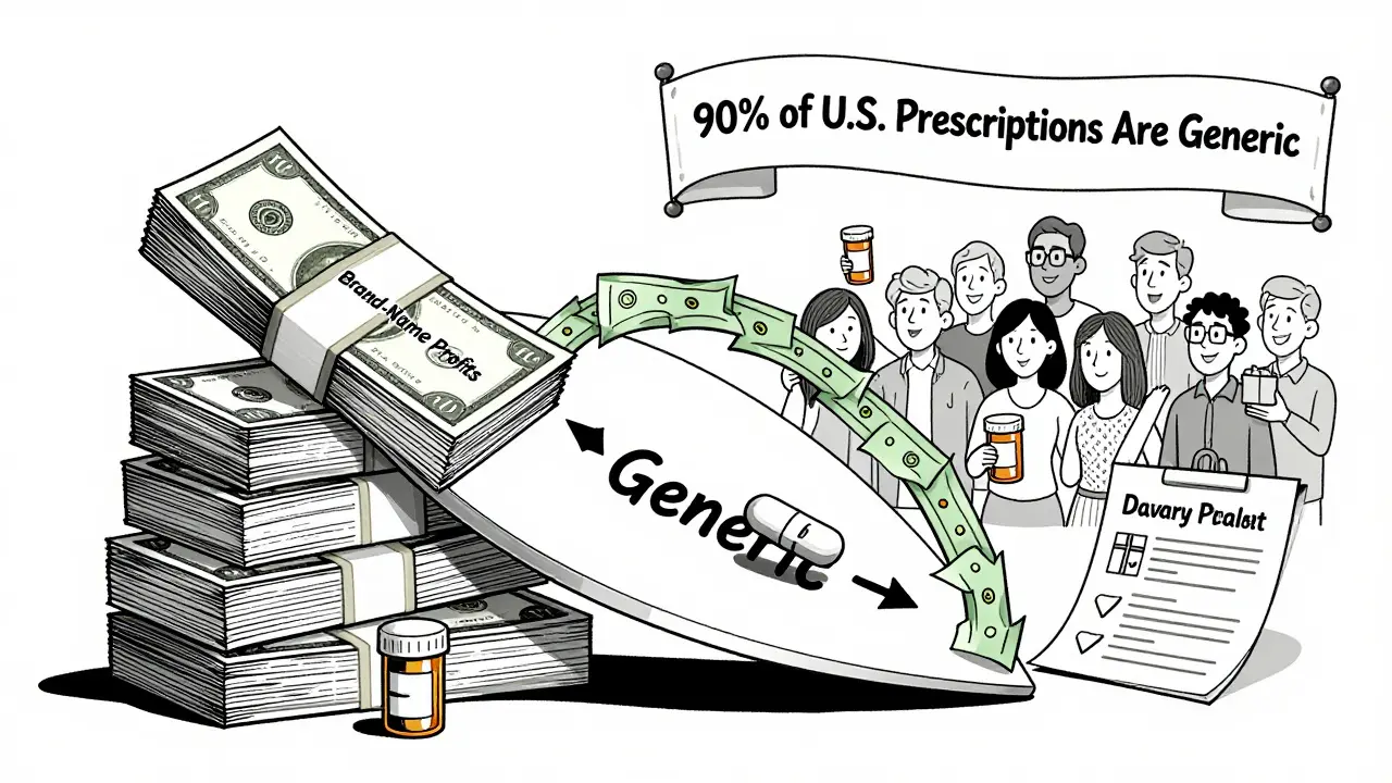 A scale tipping from expensive brand-name drugs to a single generic pill, with money saving benefits flowing to a family's daily needs.
