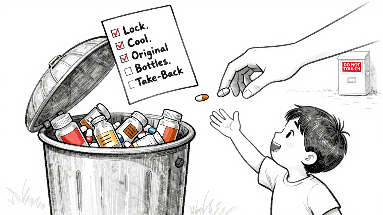 Child being guided away from trash bin with pills, shown alongside safe disposal checklist and pharmacy drop box.