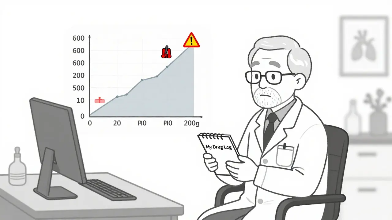 Elderly person with notebook tracking medication, warning signs near heart and lungs.