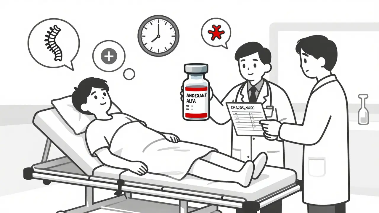 ER scene with physician using reversal agent for DOAC patient, CHA₂DS₂-VASc score visible, emergency context.