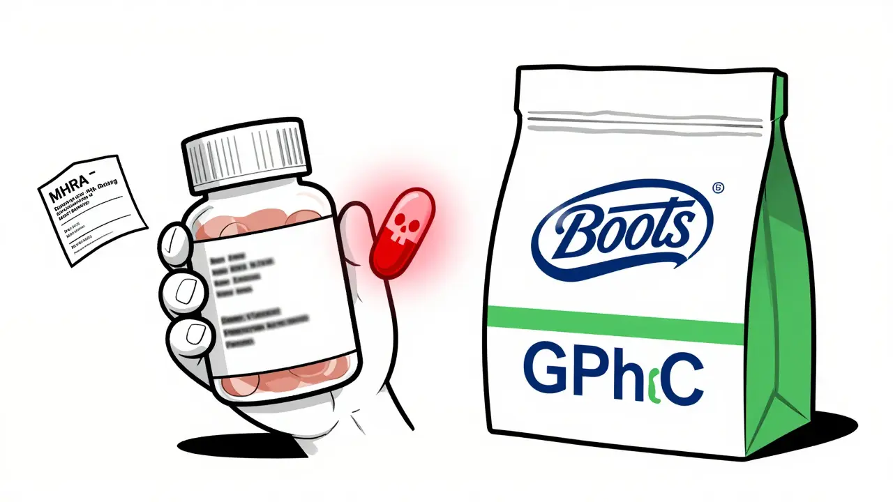 Fake vs real pill bottles side by side, one with skull symbol, other with pharmacy logo.