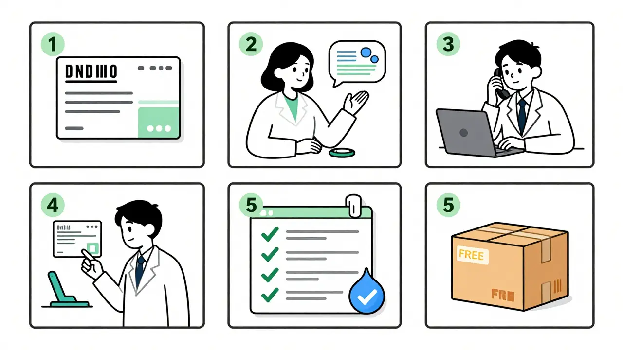Five illustrated steps showing how to use online pharmacy counseling for generic drugs.