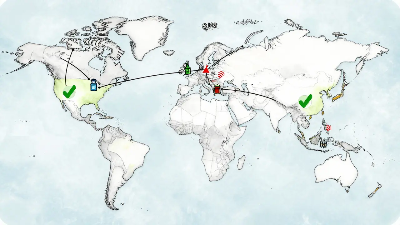 Global map showing drug supply chains with warning icons in low-resource regions.