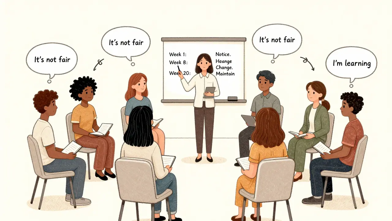 Group therapy circle with thought bubbles transforming negative self-talk into positive affirmations.