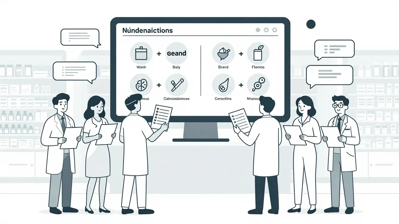 Group with medication lists and interactive screen showing drug interactions and alternatives