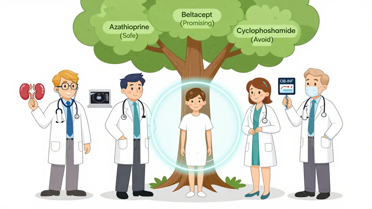 Multidisciplinary medical team supporting a patient with icons showing safe and unsafe immunosuppressants.