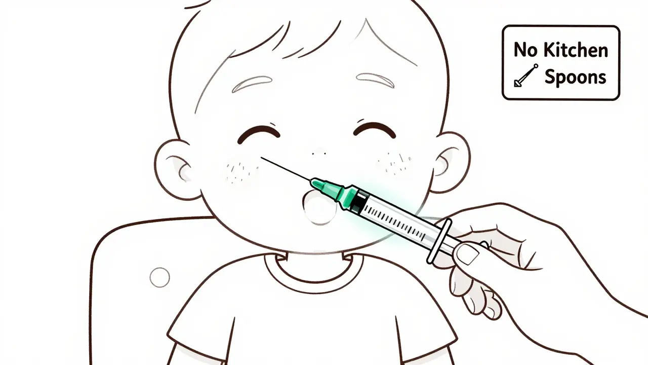 Oral syringe correctly placed in child's cheek to administer medicine safely, avoiding the throat.