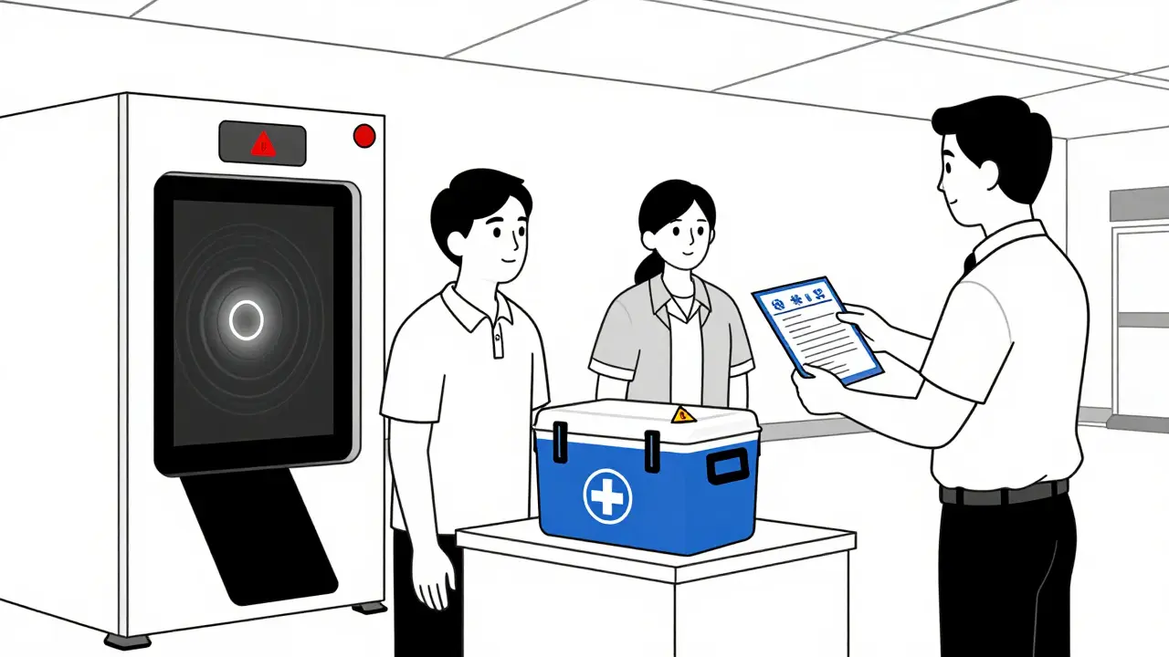 Passenger handing medical cooler to airport security with doctor’s note.