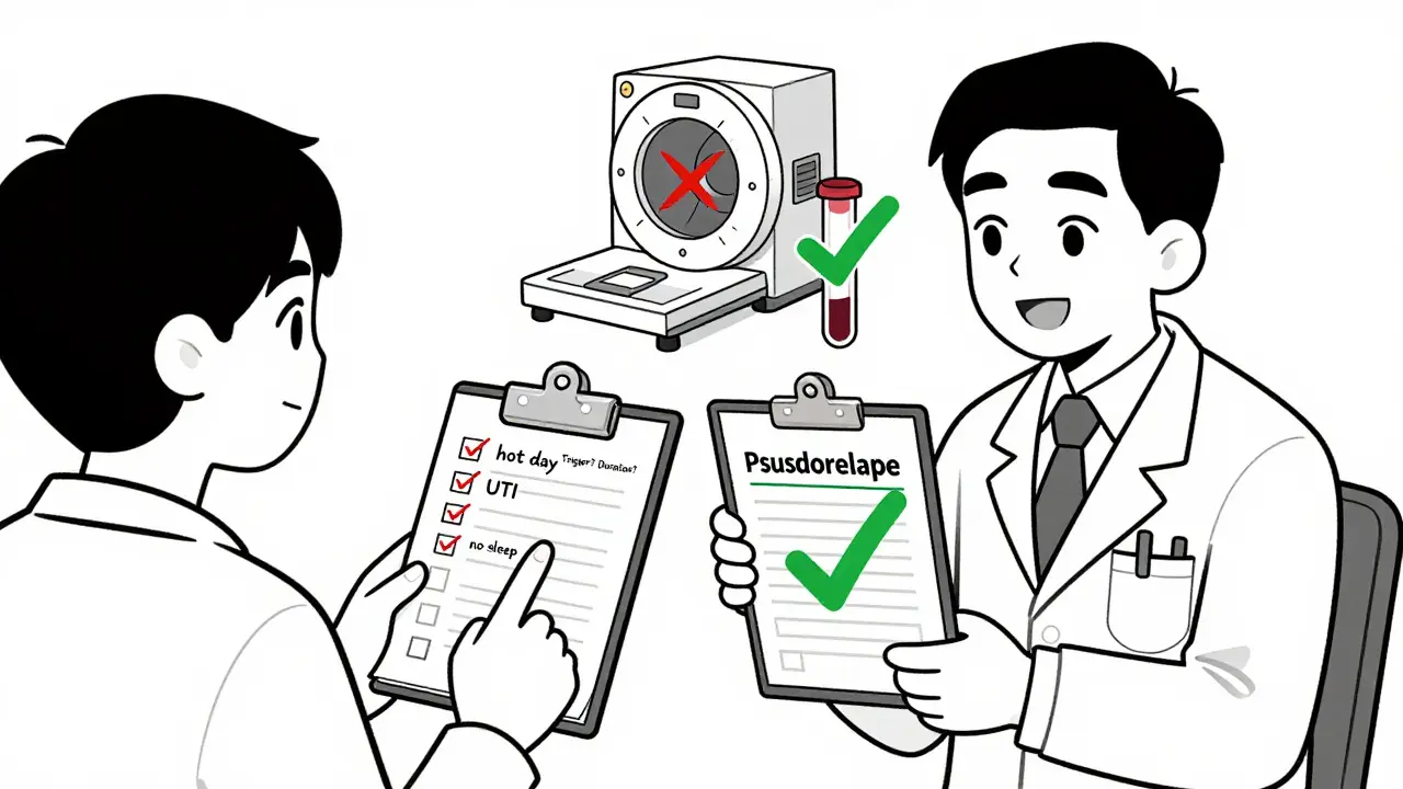 Patient and doctor reviewing symptom diary with checklist, pseudorelapse confirmed, MRI crossed out, blood test checked.
