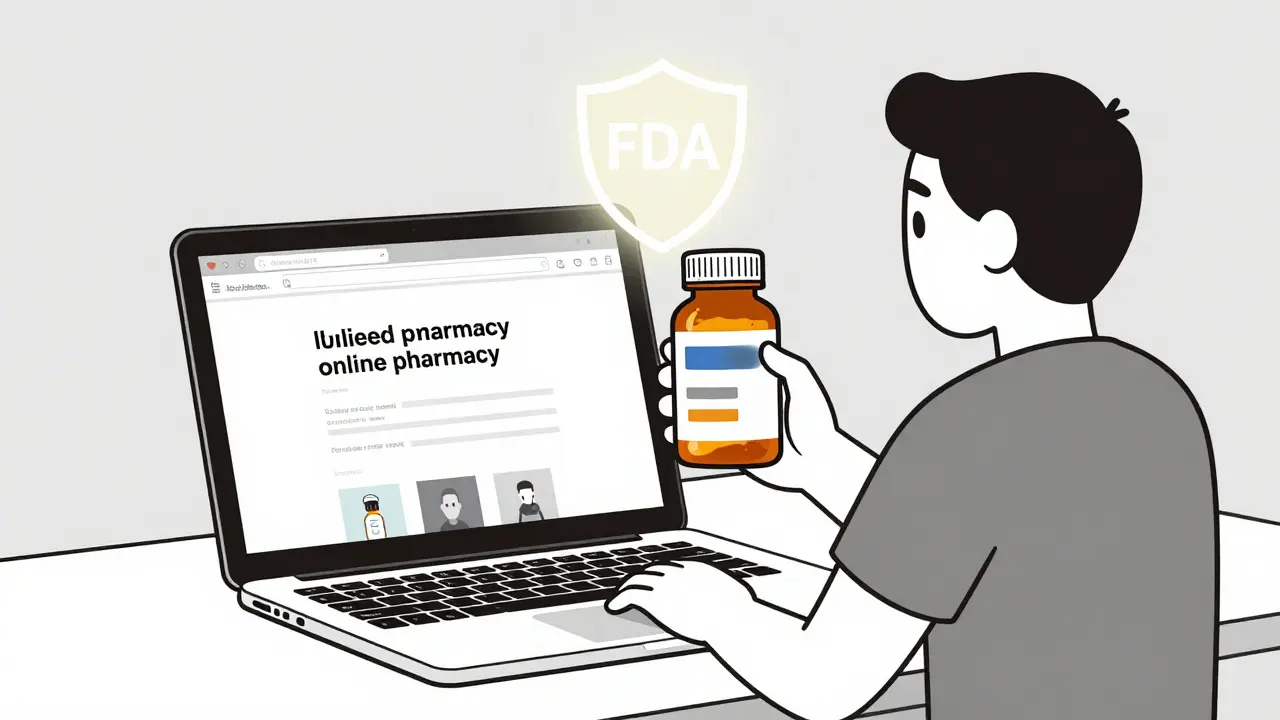 Patient holding a suspicious pill bottle next to an unlicensed online pharmacy website.