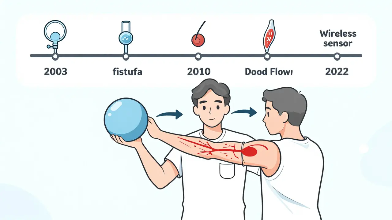 Patient performing arm exercises to improve fistula maturation, with timeline of dialysis access advances.