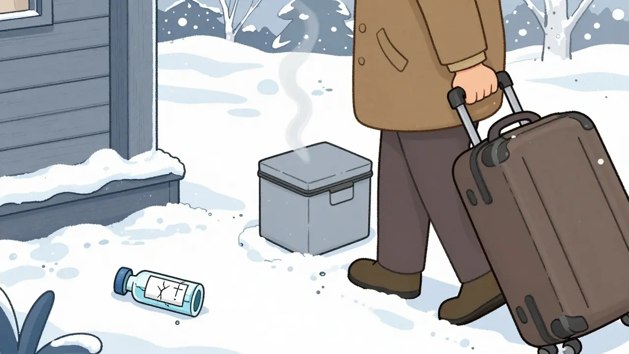 Person keeping medication warm in coat pocket during snowy weather.