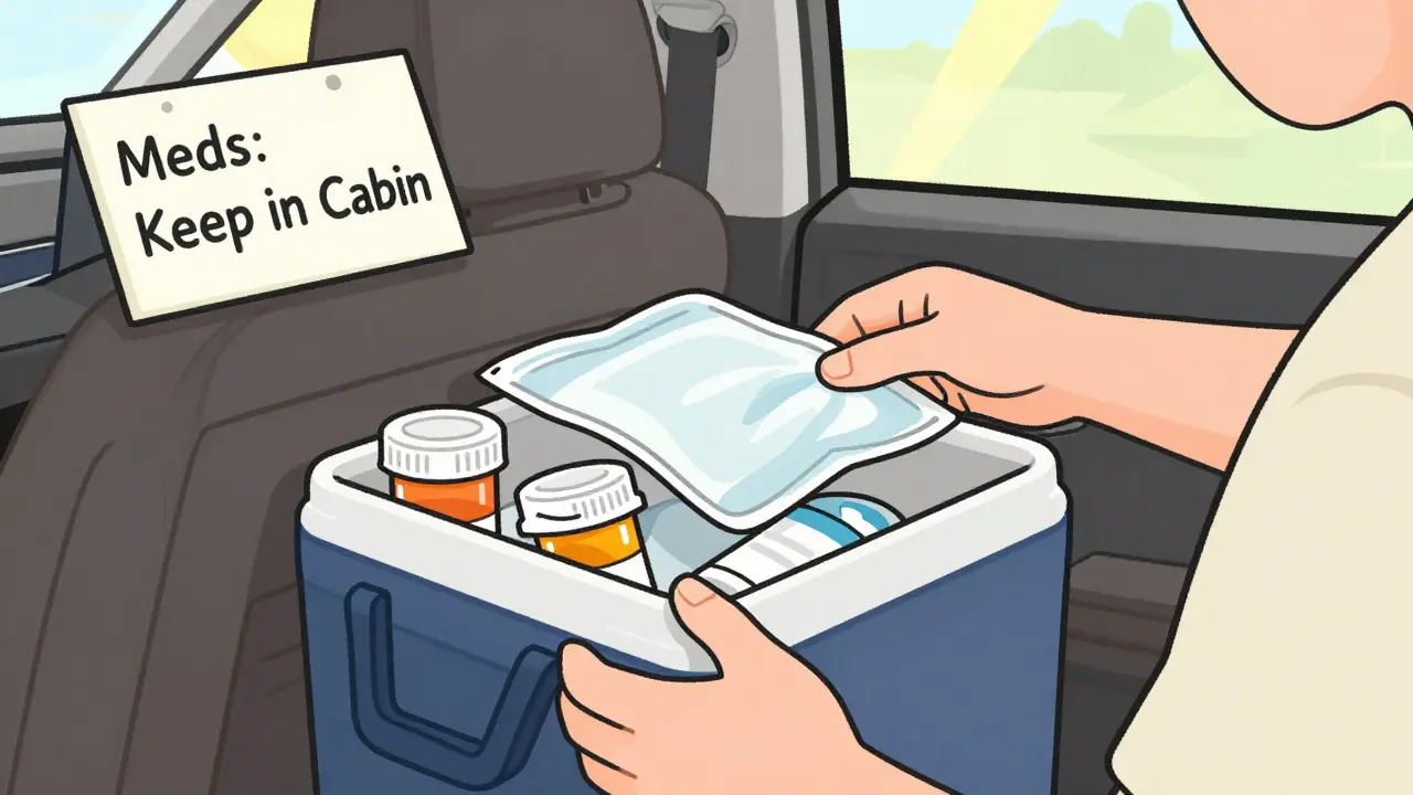 Person packing prescription bottles in an insulated cooler with cold pack for safe transport during a move.