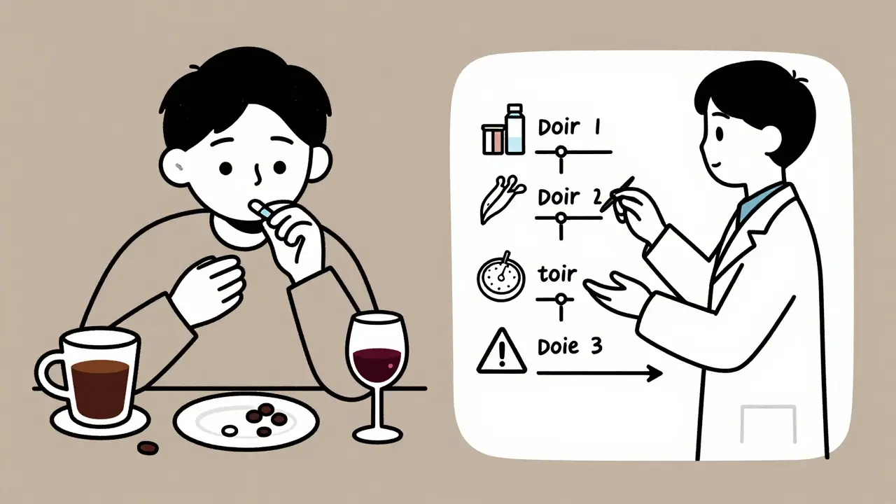 Person taking pills with coffee and wine, pharmacist correcting with dosing guide