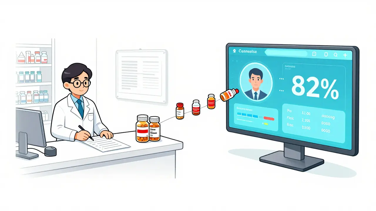 Pharmacist calculating doses next to an AI toxicity risk display.