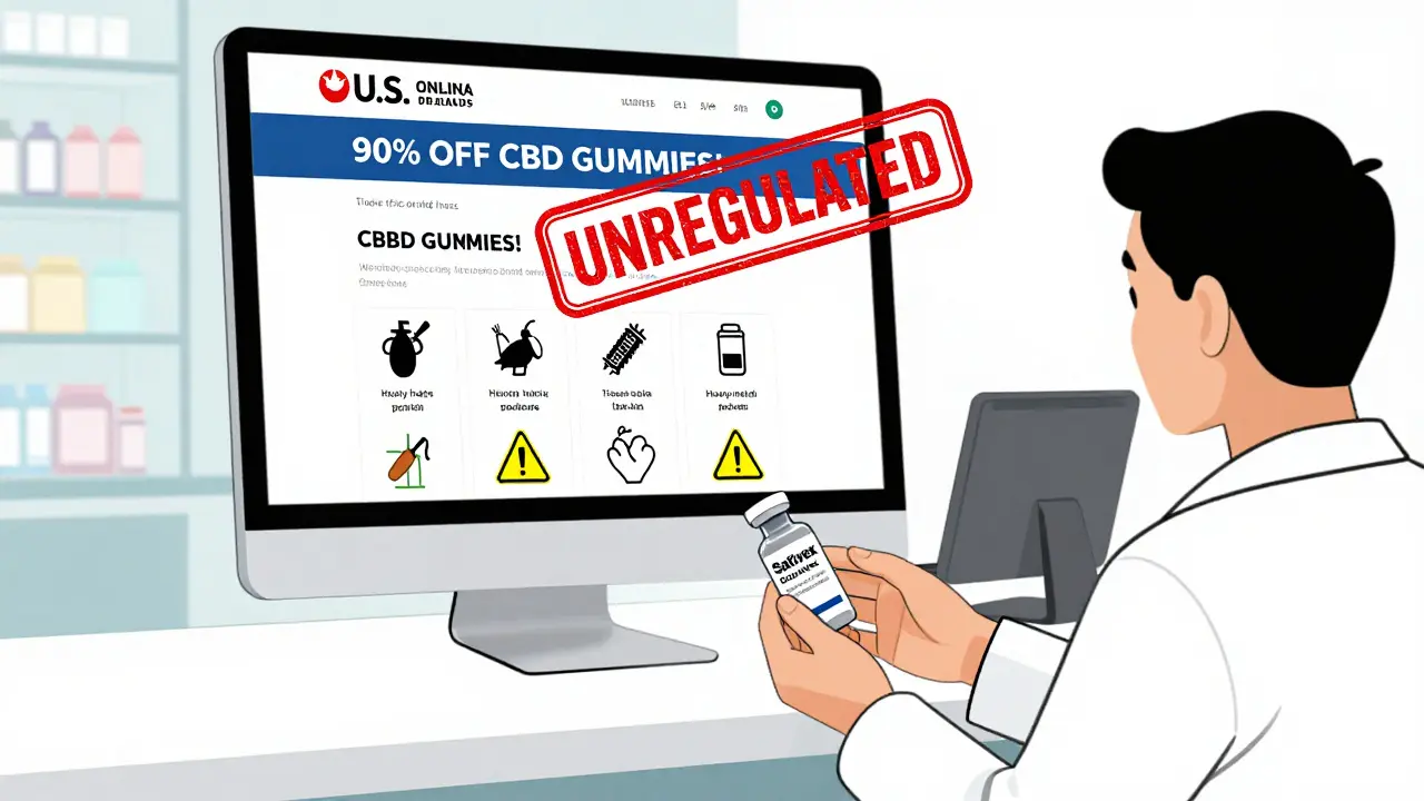 Pharmacist dispensing regulated cannabinoid medicine while online CBD scam flashes in background.