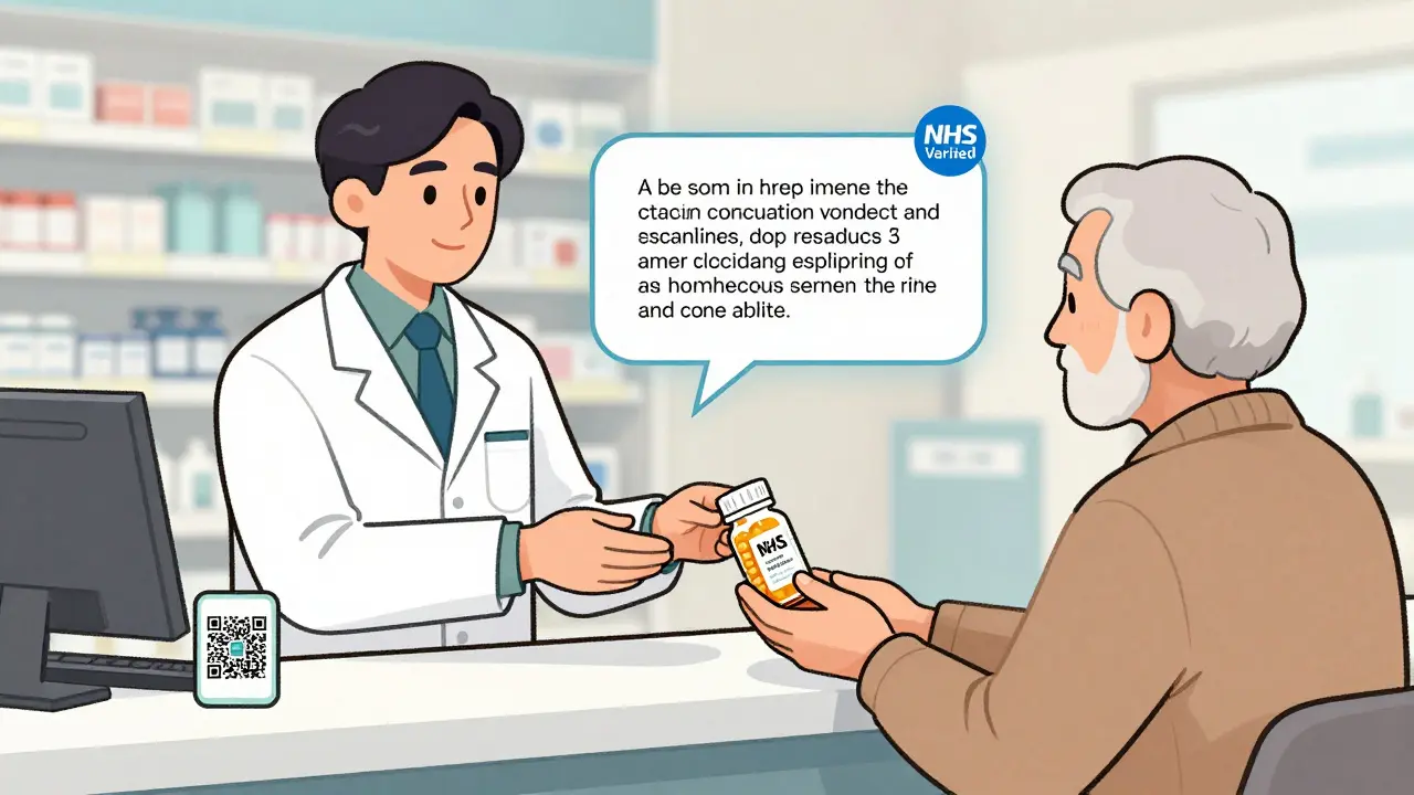 Pharmacist gives pill bottle with QR code linking to a patient's video explanation.