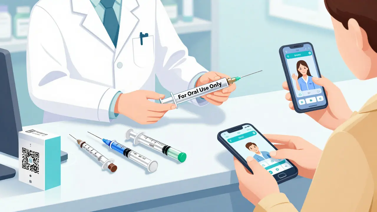 Pharmacist giving a parent a color-coded oral syringe with safety labels and QR code for instructions.