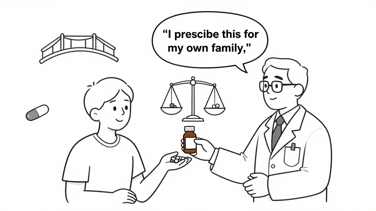 Pharmacist offers a small trial supply of generic medication with reassurance, conveying trust and personal endorsement.