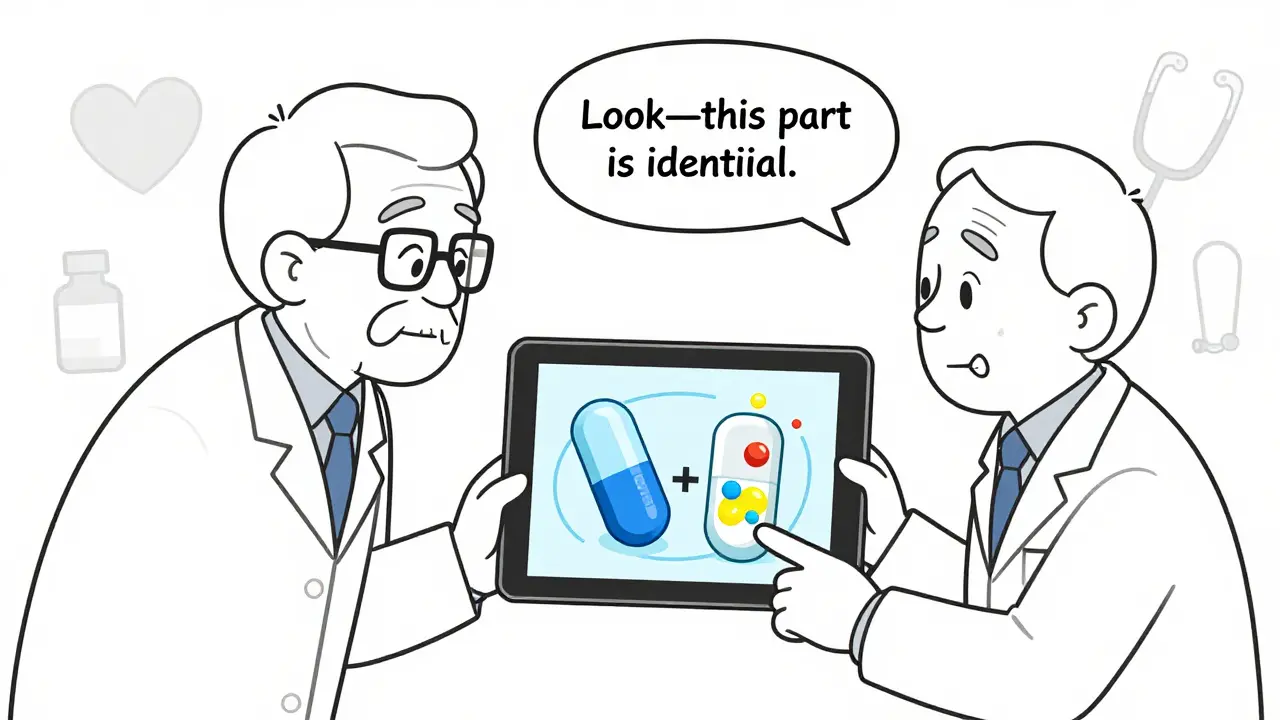 Pharmacist uses a tablet to display 3D pill comparison, helping a senior patient understand generic medication equivalence.