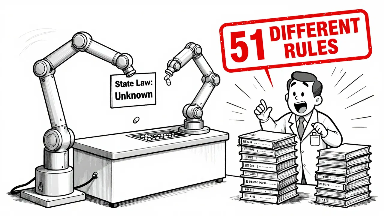 Robotic pharmacy system stuck due to unknown state law, pharmacist surrounded by 51 rulebooks.