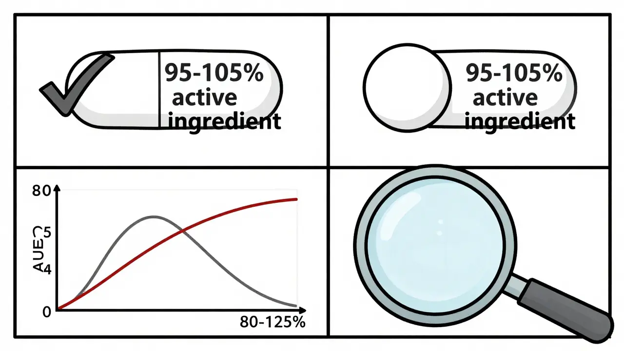 Side-by-side brand and generic pills with overlapping absorption curves within 80-125% range.