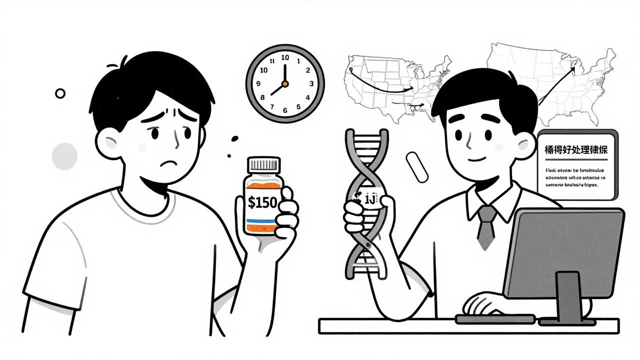 Side-by-side comparison of expensive brand-name drug vs affordable generic with pharmacist and DNA advice.