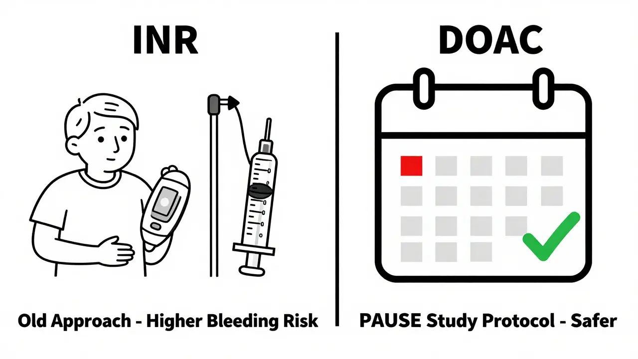 Side-by-side comparison of outdated heparin bridging vs. modern PAUSE protocol for anticoagulant management.