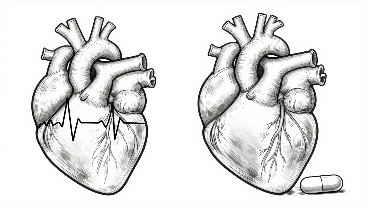 Split image of a heart with irregular pulses vs. a calm heart beside a beta-blocker pill.