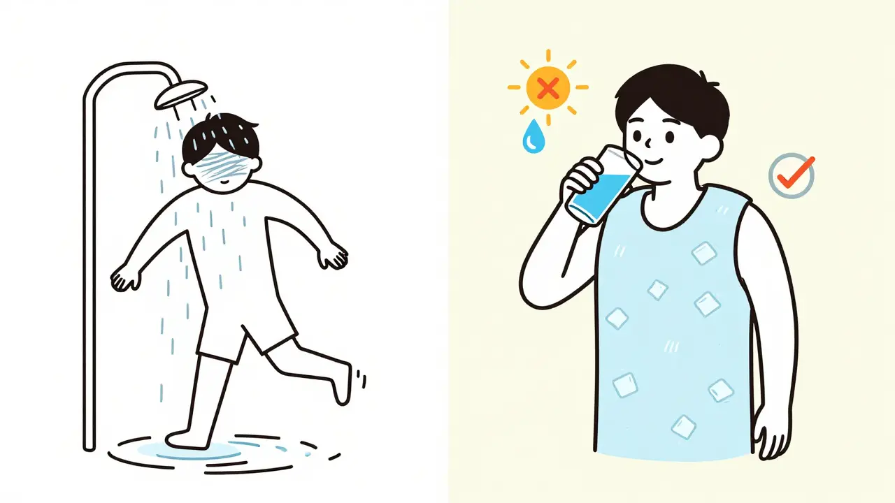 Split image: person overheating after shower vs. same person cooling down with vest and ice water.