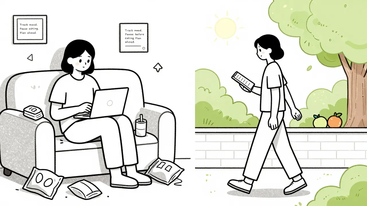 Split scene: chaotic snack-filled couch vs. calm person walking in park with healthy habits visible.