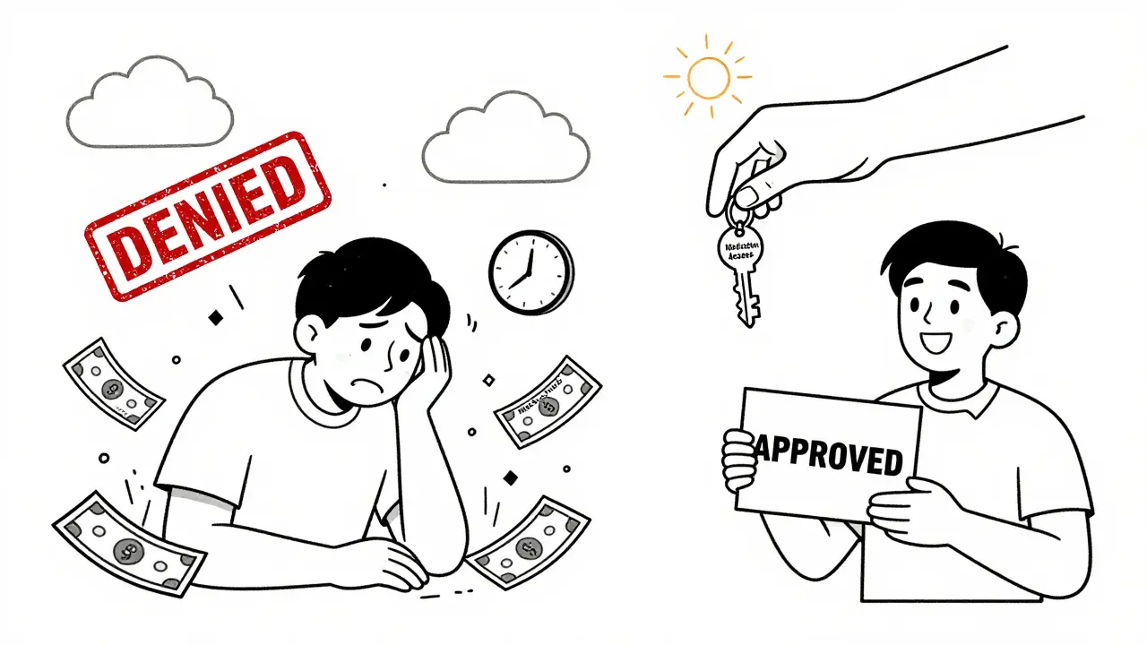 Split scene: person denied medication vs. approved, with advocacy hand offering key to treatment access.