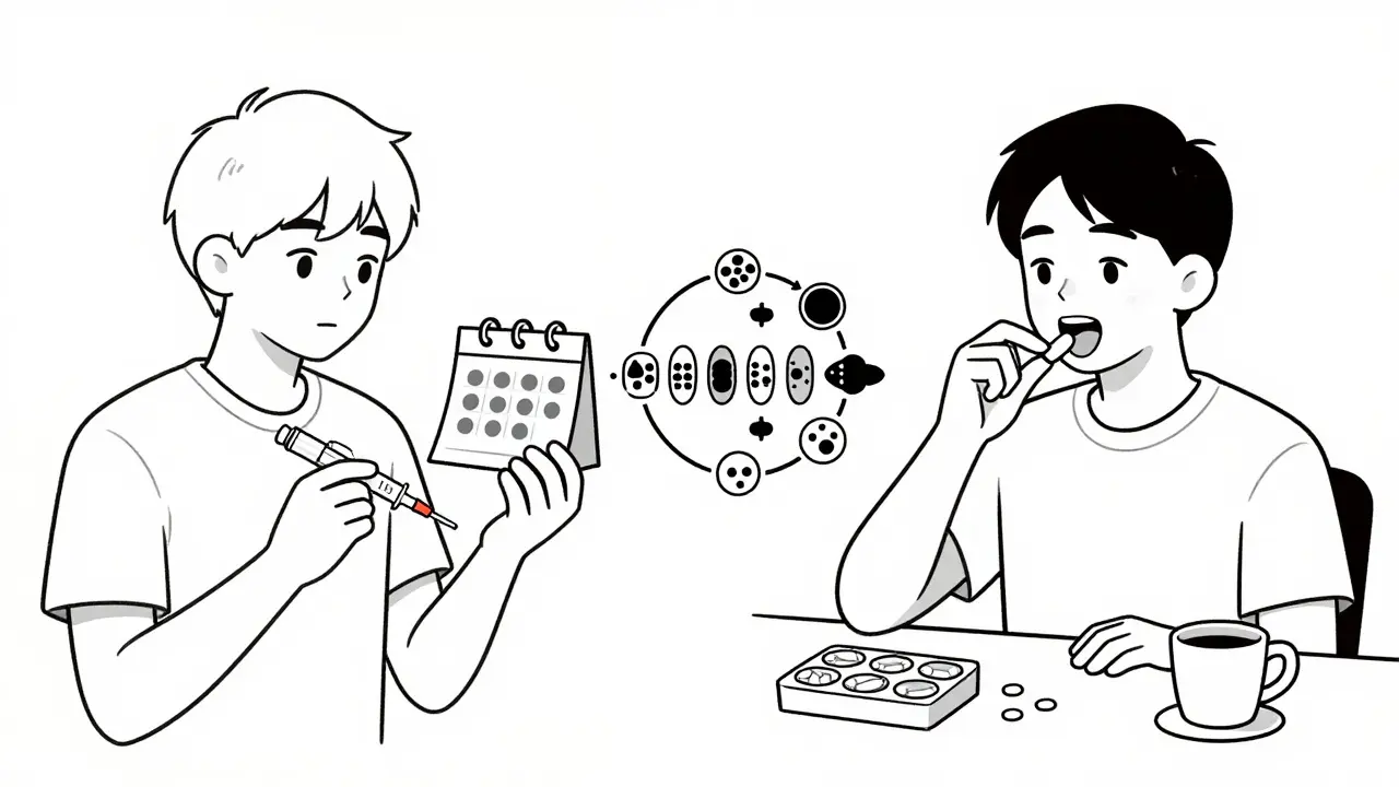 Split scene: person getting allergy shot at clinic vs. taking tablet at home.