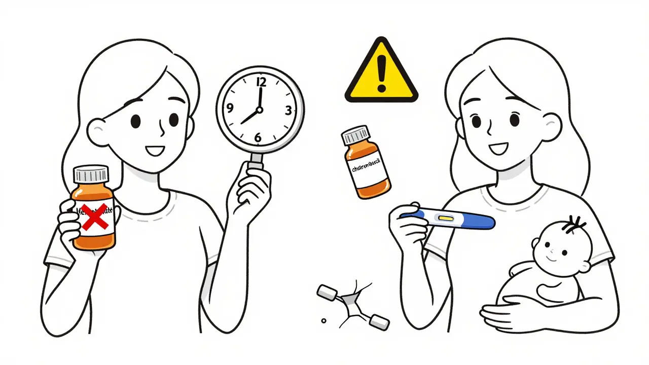 Woman stopping methotrexate, waiting three months, then holding a positive pregnancy test with unsafe drugs discarded.
