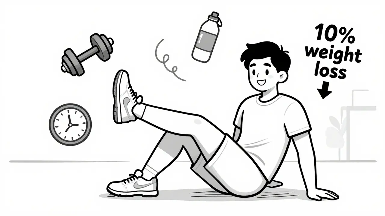 A person doing a leg lift at home with icons representing weight loss, exercise, and consistency.
